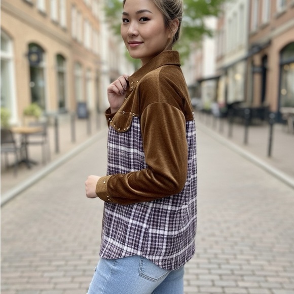 Anthropologie Brown Plaid Button-Up Shirt with Studded Pockets - Picture 2 of 5